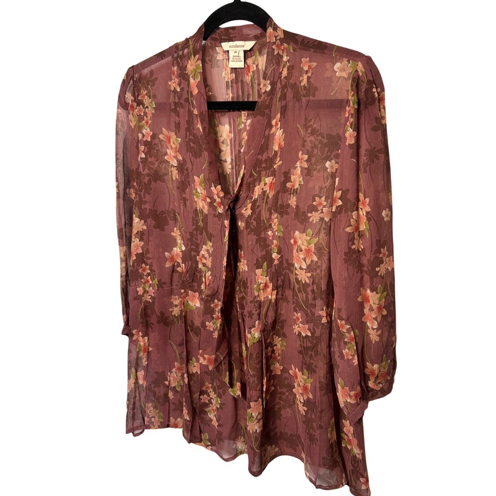 Sundance Floral Print Tie Neck Sheer Silk Tunic‎ Top Blouse Size M